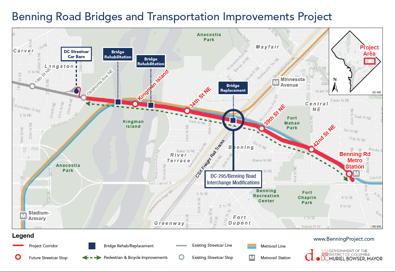 map showing project area and features of Benning road